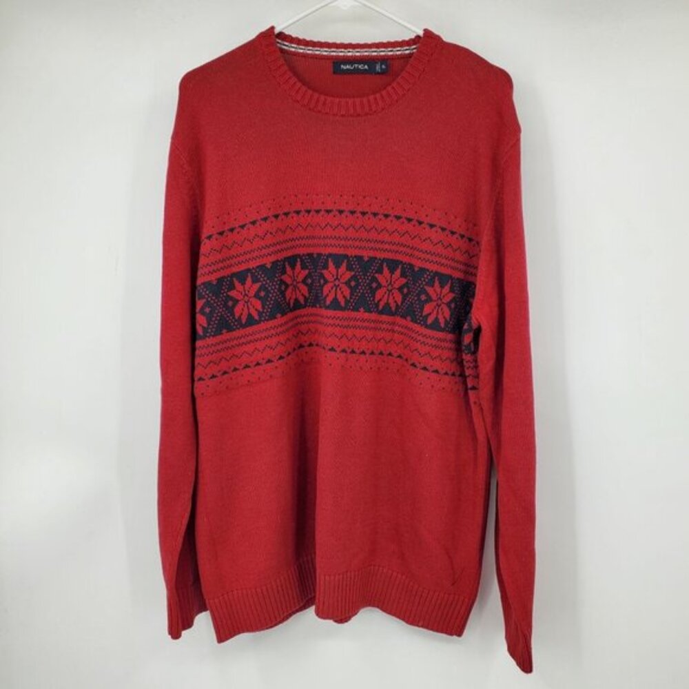 Nautica Red Blue Long Sleeved Pullover Holiday Snowflake Sweater XL